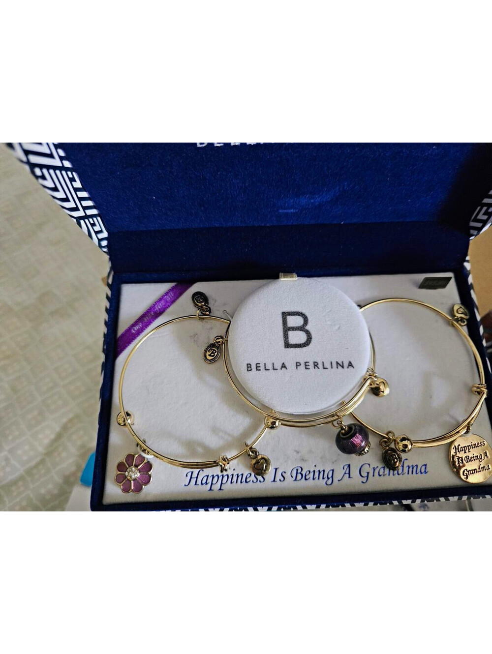 Bella Perlina 3pc Gold Tone Metal Stackable Charm Bangle Bracelets, Crystal